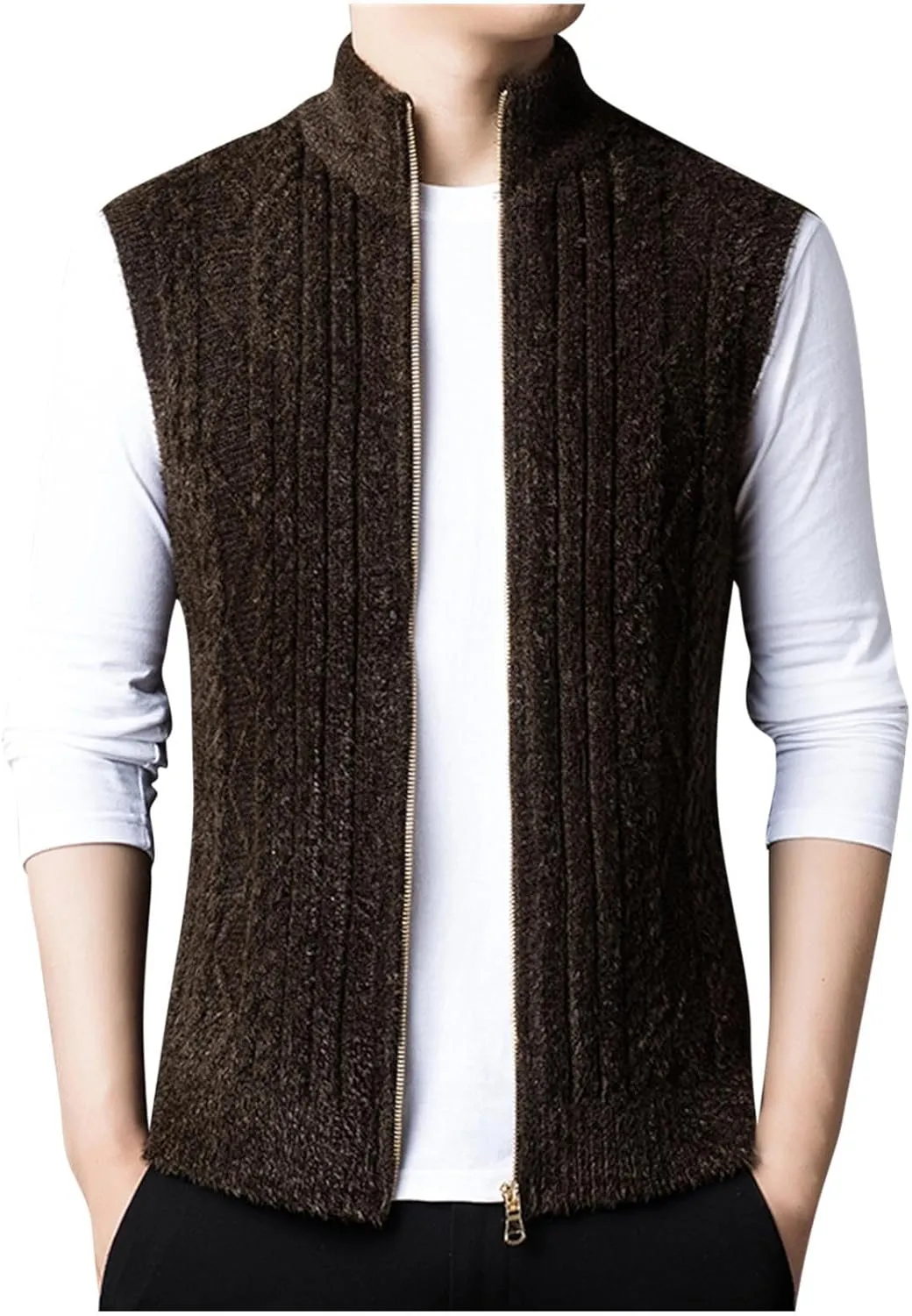 Mens Sweater Vest Chunky Knit Sleeveless Cardigan Sweaters Fashion Full Zipper Sports Vests Stand Collar Waistcoat