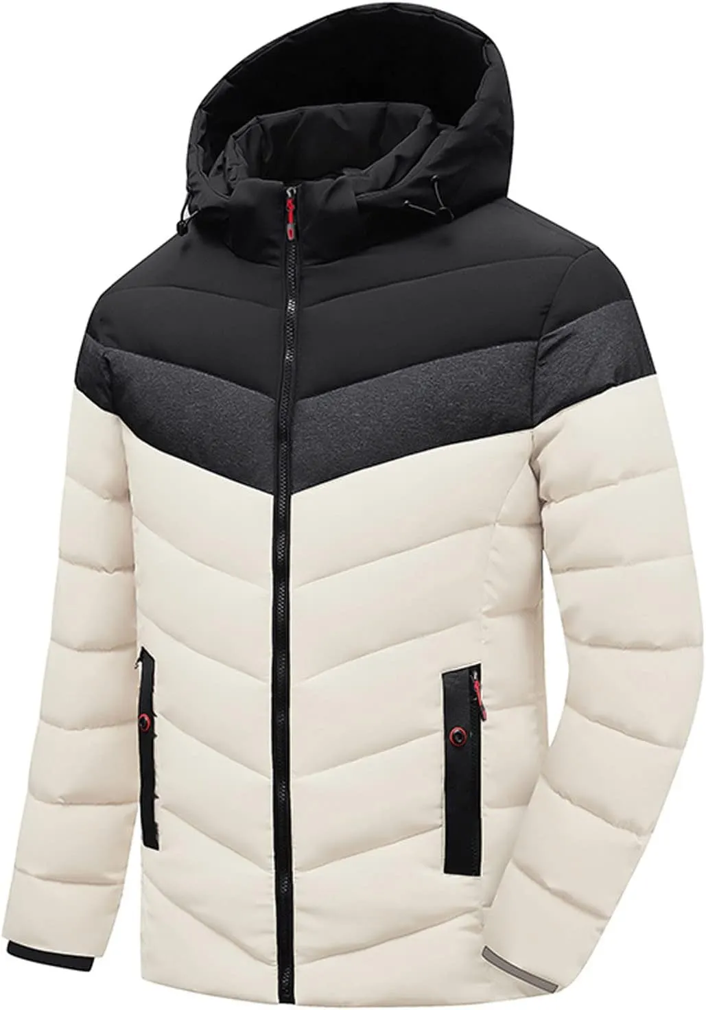 Mens Winter Puffer Jackets Long Sleeve Zipper Hooded Cotton Jackets Insulated Thermal Puffy Winter Coats