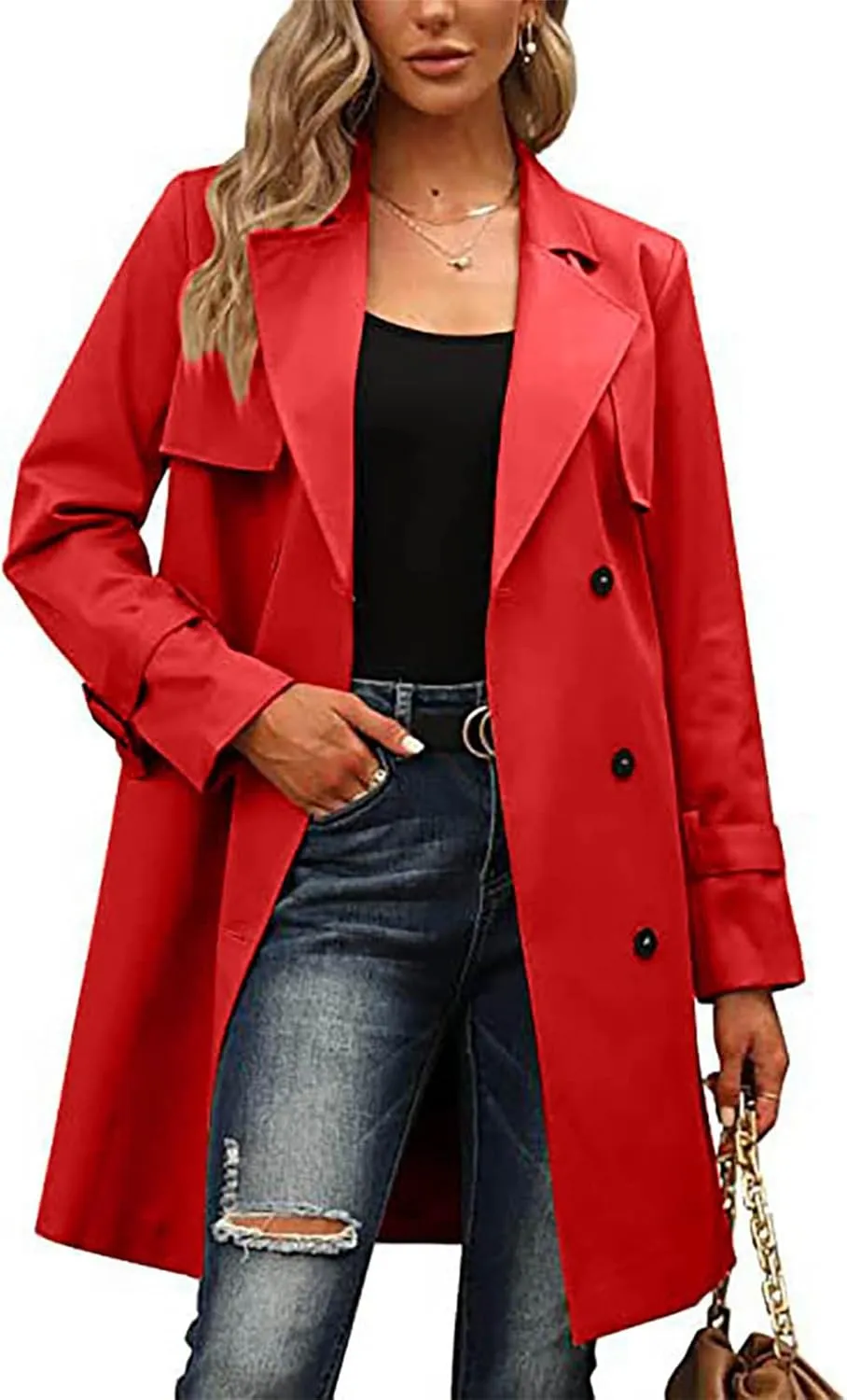 Mid Long Trench Coat for Women Double Breasted Classic Lapel Windproof Overcoat Fashion Outerwear with Belt