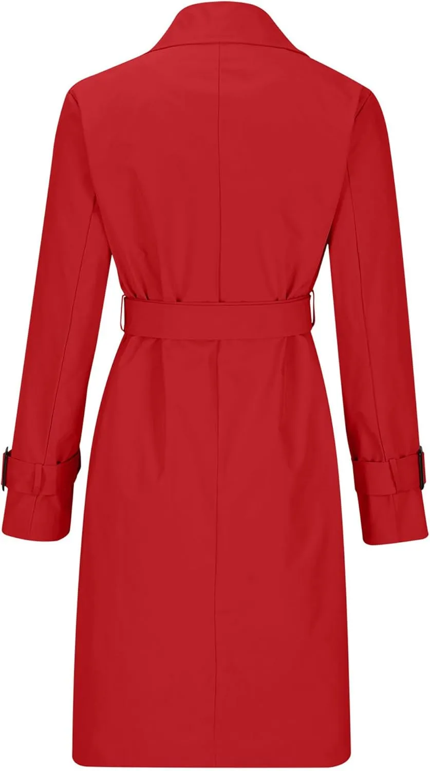 Mid Long Trench Coat for Women Double Breasted Classic Lapel Windproof Overcoat Fashion Outerwear with Belt