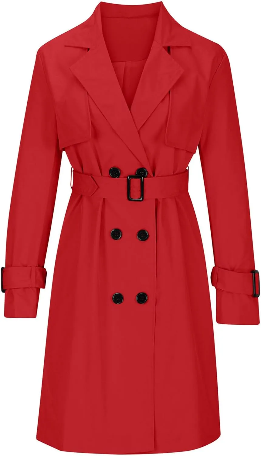 Mid Long Trench Coat for Women Double Breasted Classic Lapel Windproof Overcoat Fashion Outerwear with Belt