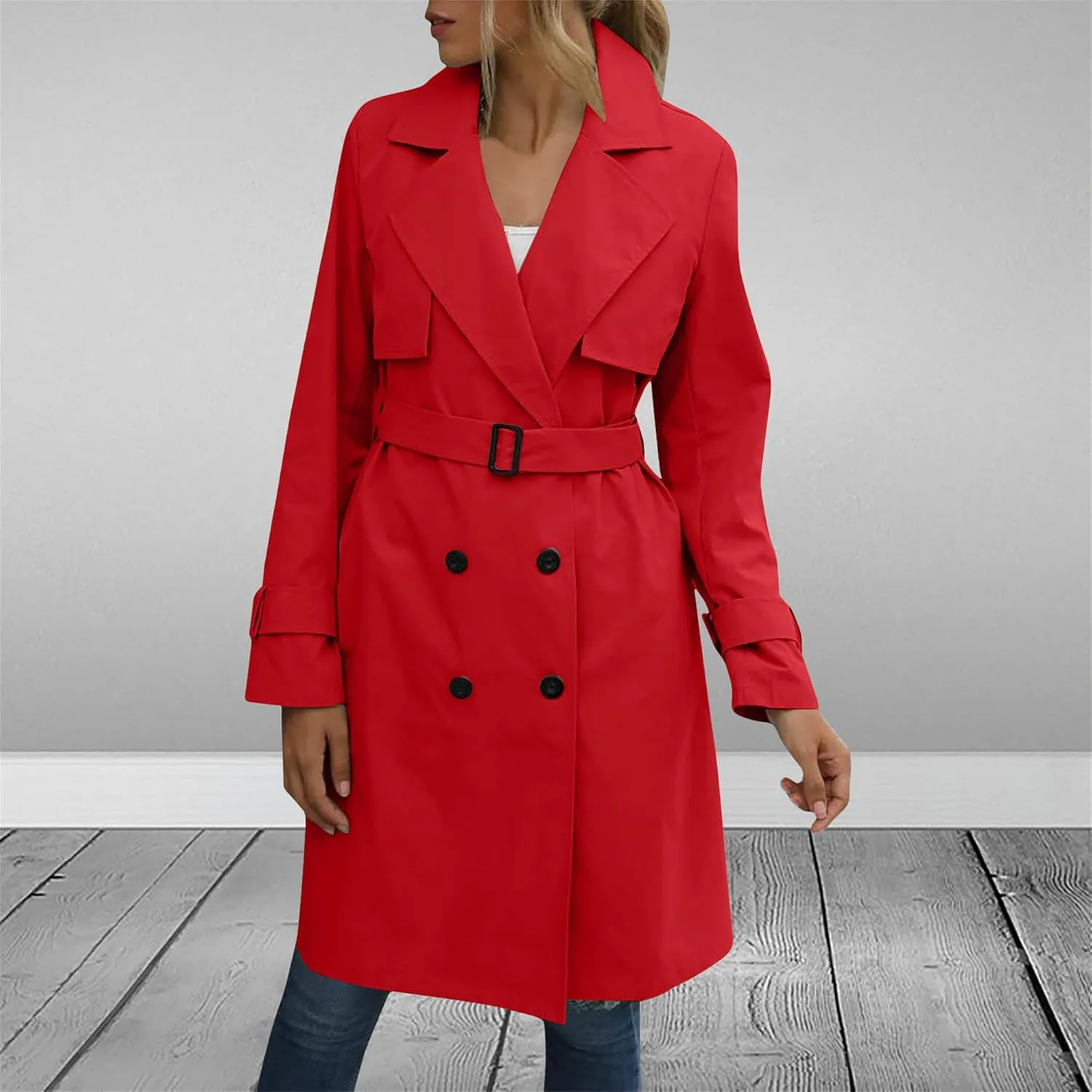 Mid Long Trench Coat for Women Double Breasted Classic Lapel Windproof Overcoat Fashion Outerwear with Belt