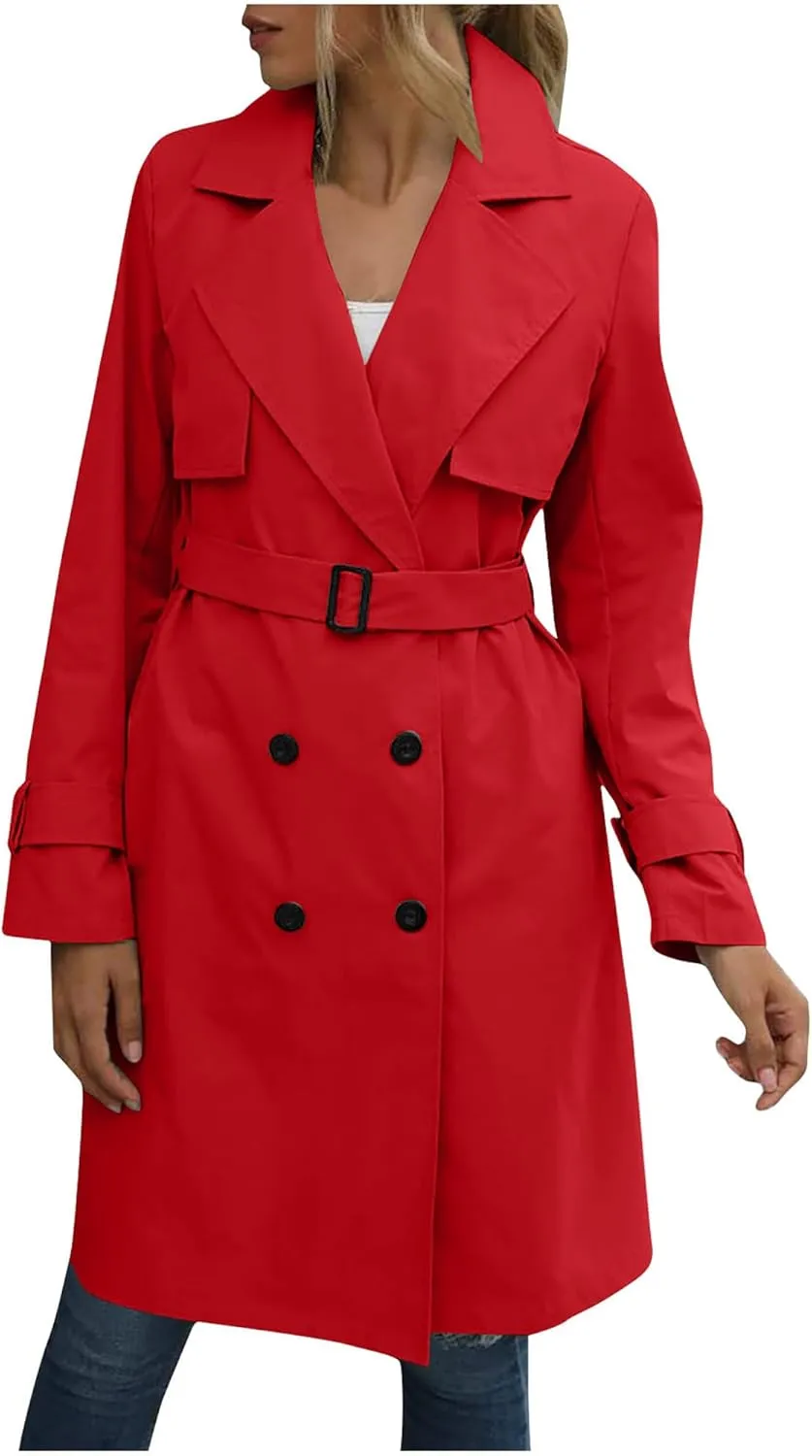 Mid Long Trench Coat for Women Double Breasted Classic Lapel Windproof Overcoat Fashion Outerwear with Belt