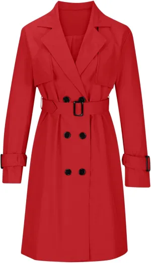 Mid Long Trench Coat for Women Double Breasted Classic Lapel Windproof Overcoat Fashion Outerwear with Belt