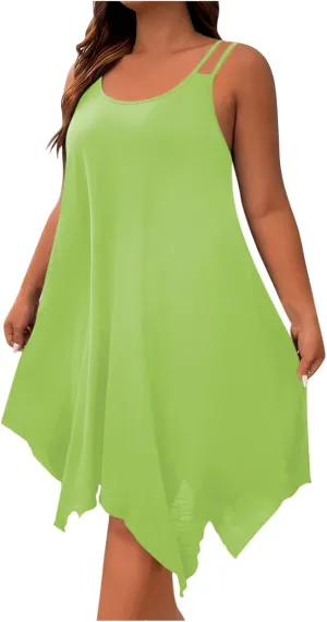 Midi Dresses for Women 2025 Casual Sleeveless Crewneck Sundress Flowy Irregular Hem Fashion Summer Beach Dress