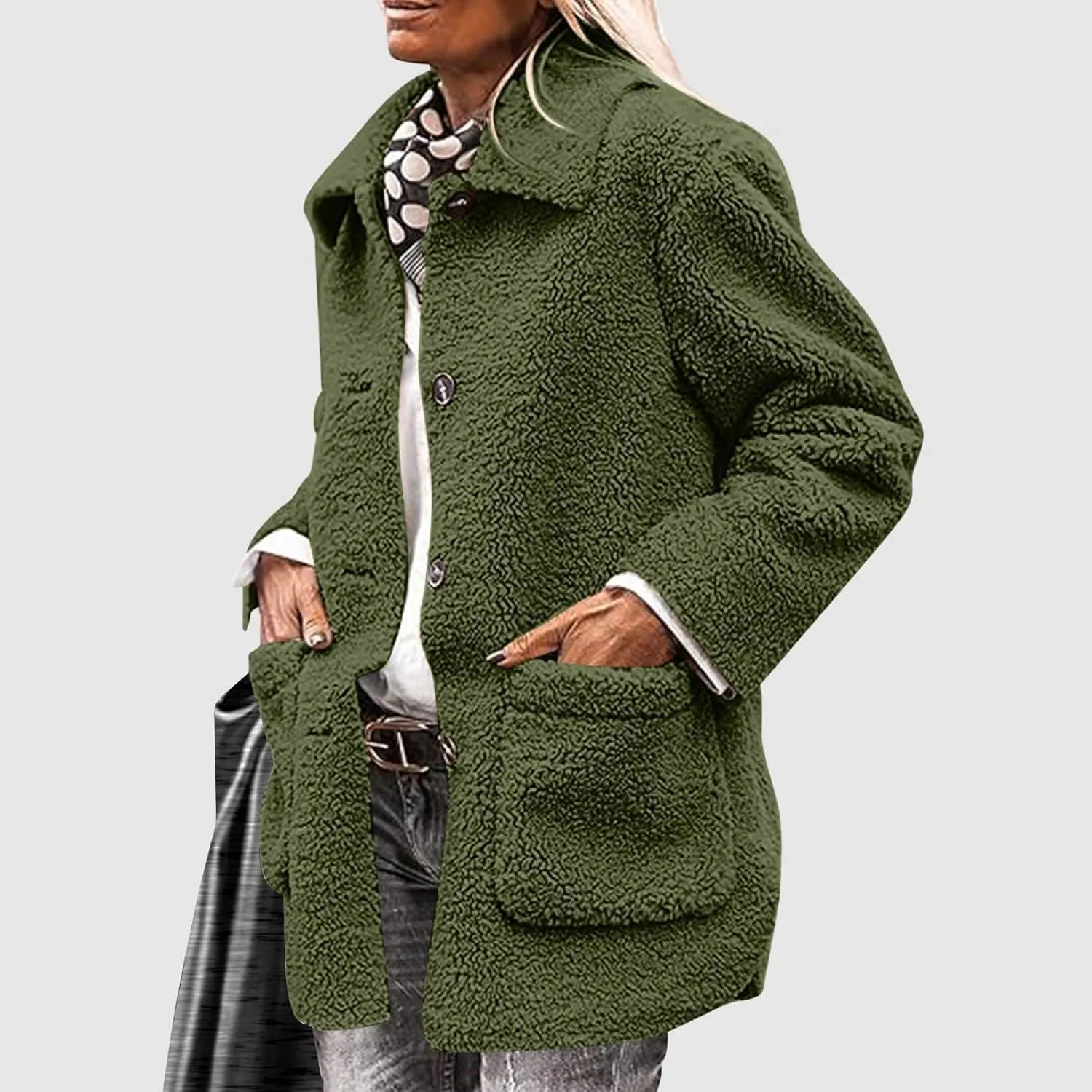 NBXNZWF Women's Winter Coats Long Sleeve Lapel Button Down Fleece Jacket Casual Trendy Fuzzy Warm Outerwear with Pockets