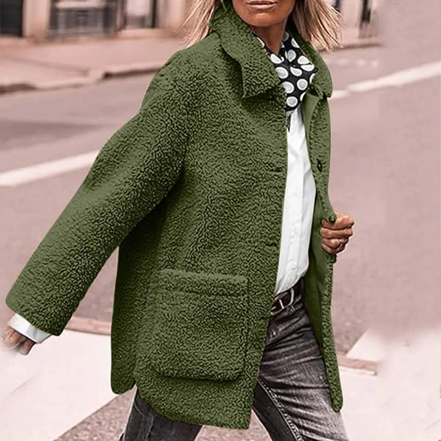 NBXNZWF Women's Winter Coats Long Sleeve Lapel Button Down Fleece Jacket Casual Trendy Fuzzy Warm Outerwear with Pockets