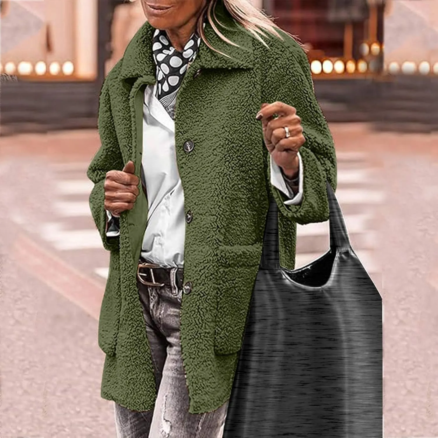 NBXNZWF Women's Winter Coats Long Sleeve Lapel Button Down Fleece Jacket Casual Trendy Fuzzy Warm Outerwear with Pockets