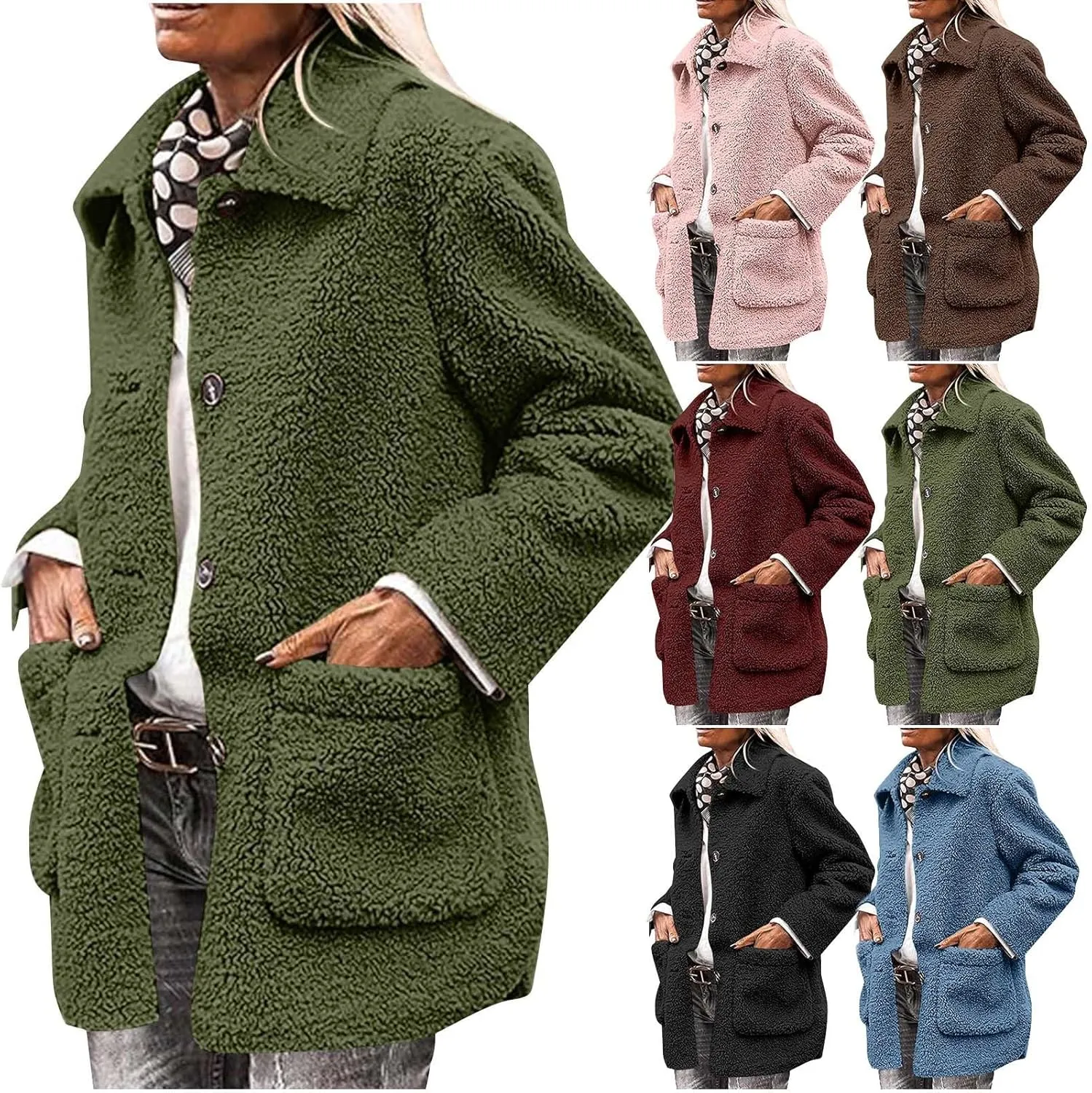 NBXNZWF Women's Winter Coats Long Sleeve Lapel Button Down Fleece Jacket Casual Trendy Fuzzy Warm Outerwear with Pockets