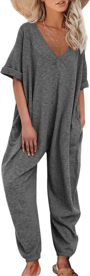 Nirovien Women's Solid Color V Neck Jumpsuits Casual Half Sleeve Long Rompers Beam Foot Baggy Overalls