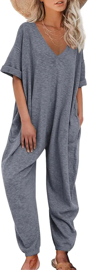 Nirovien Women's Solid Color V Neck Jumpsuits Casual Half Sleeve Long Rompers Beam Foot Baggy Overalls