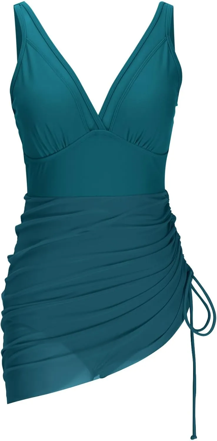 One Piece Swimsuit Women Modest Tummy Control Swimsuits Slimming Mesh Sheer Wraps Bathing Suits with Skirt