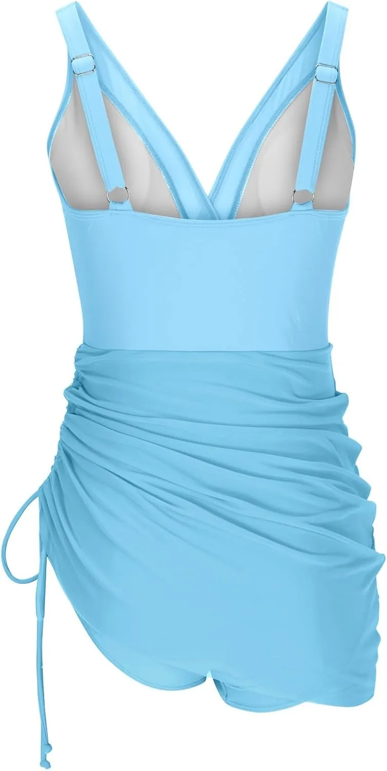 One Piece Swimsuit Women Modest Tummy Control Swimsuits Slimming Mesh Sheer Wraps Bathing Suits with Skirt