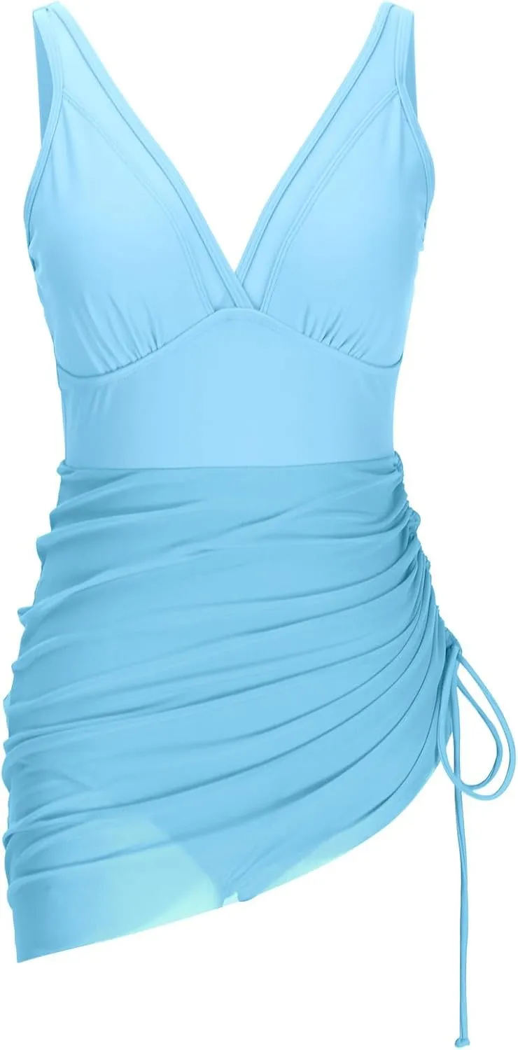 One Piece Swimsuit Women Modest Tummy Control Swimsuits Slimming Mesh Sheer Wraps Bathing Suits with Skirt