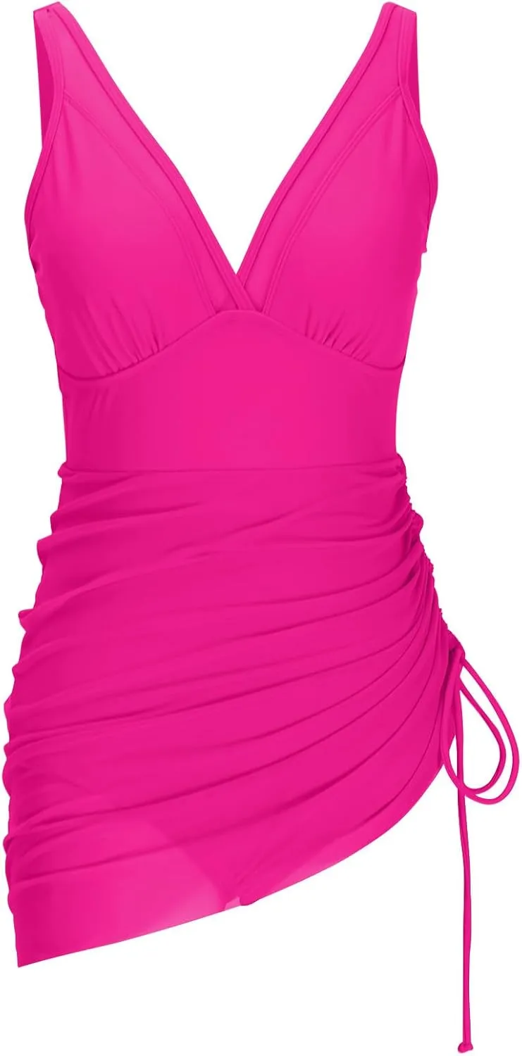 One Piece Swimsuit Women Modest Tummy Control Swimsuits Slimming Mesh Sheer Wraps Bathing Suits with Skirt