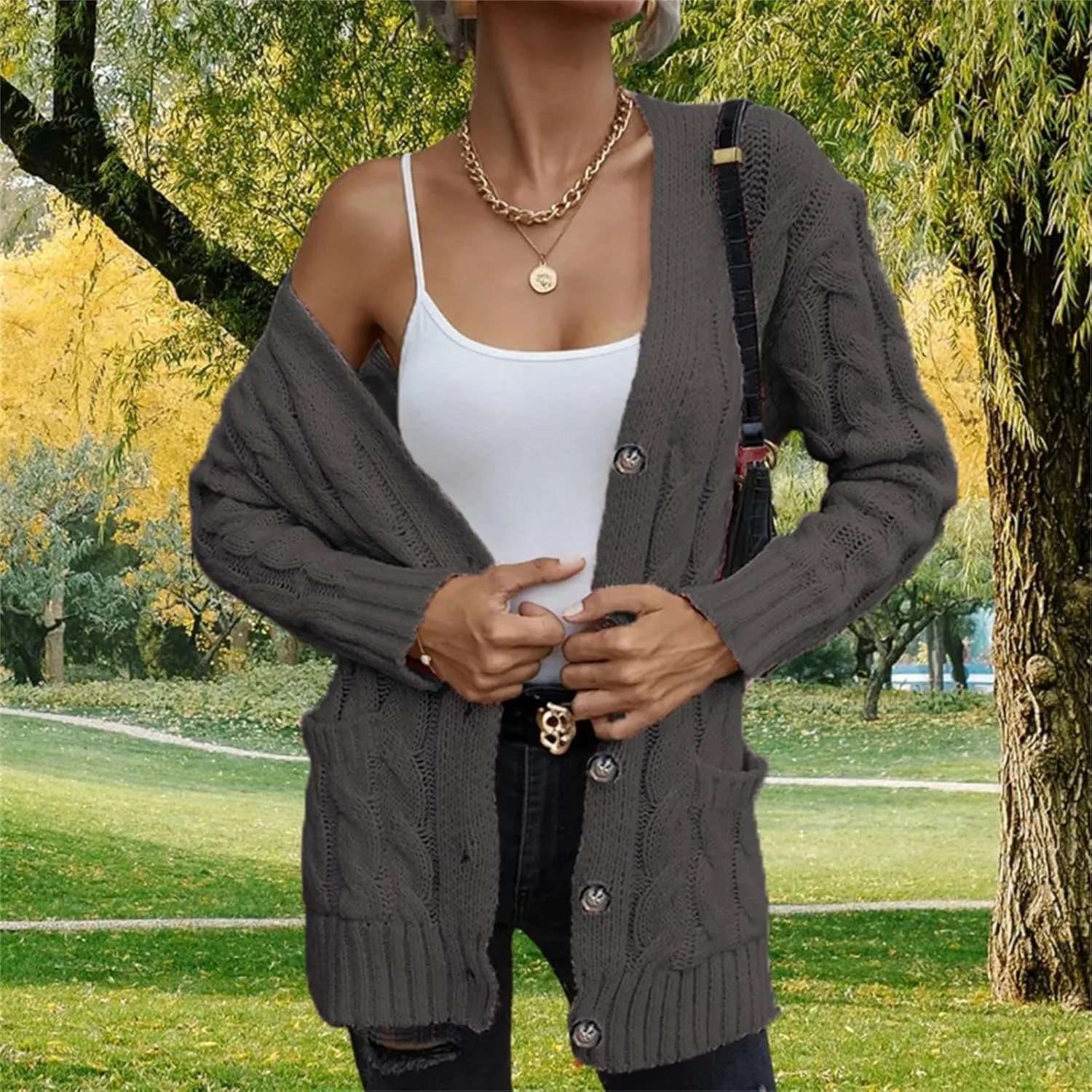 Open Front Cardigan Sweaters for Women Fall Long Sleeve Button Down Cable Knit Chunky Sweater Outwear Coats