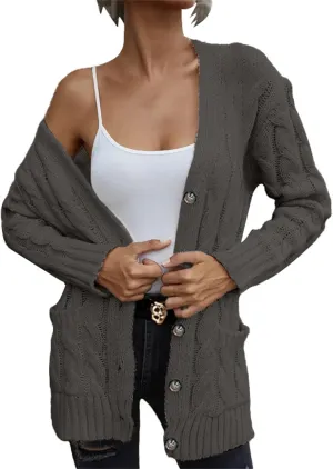 Open Front Cardigan Sweaters for Women Fall Long Sleeve Button Down Cable Knit Chunky Sweater Outwear Coats