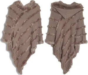 Oplxuo Hooded Poncho Shawls and Wraps for Women,Fuzzy Knitted Shawl with Fringe, Cozy Warm Poncho Sweater for Fall and Winter