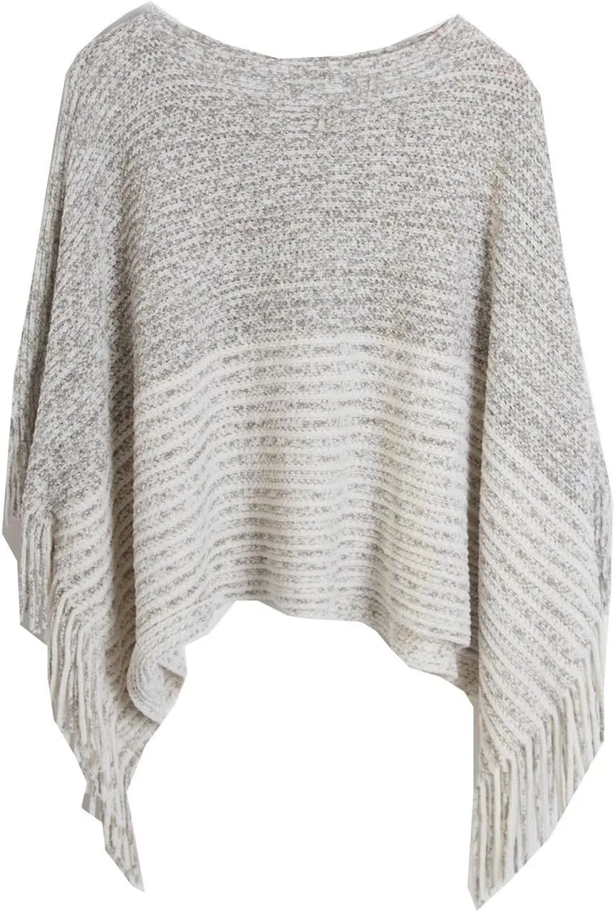 Oplxuo Women's Elegant Knit Shawl Poncho with Fringed Crewneck Striped Sweater Pullover Cape Gifts Scarf Wrap for Fall Winter