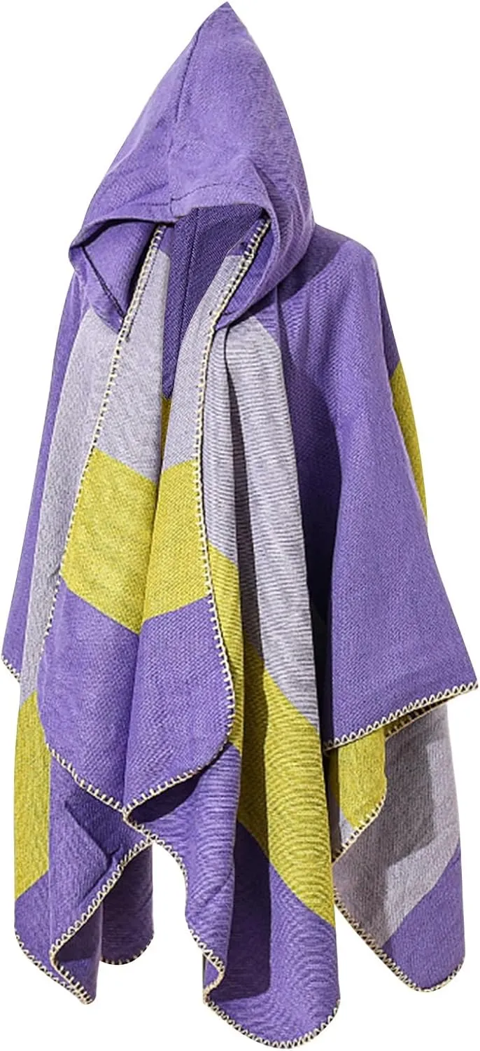 Oplxuo Women's Hooded Cloak Shawls Wraps Color Block Knit Scarf Shawl Soft Warm Poncho Cape Cardigan Sweater