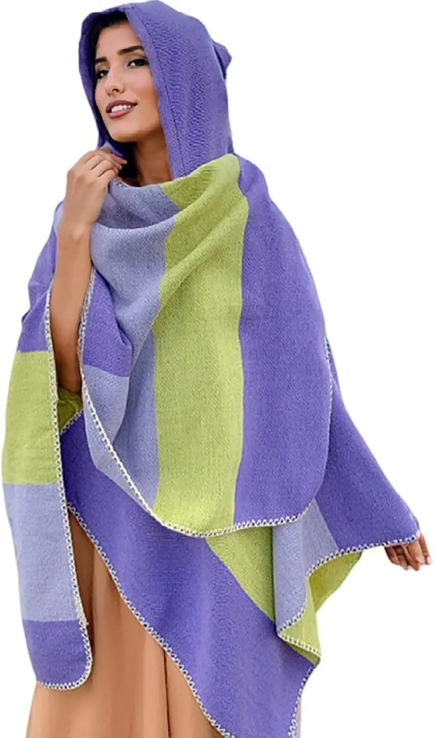 Oplxuo Women's Hooded Cloak Shawls Wraps Color Block Knit Scarf Shawl Soft Warm Poncho Cape Cardigan Sweater