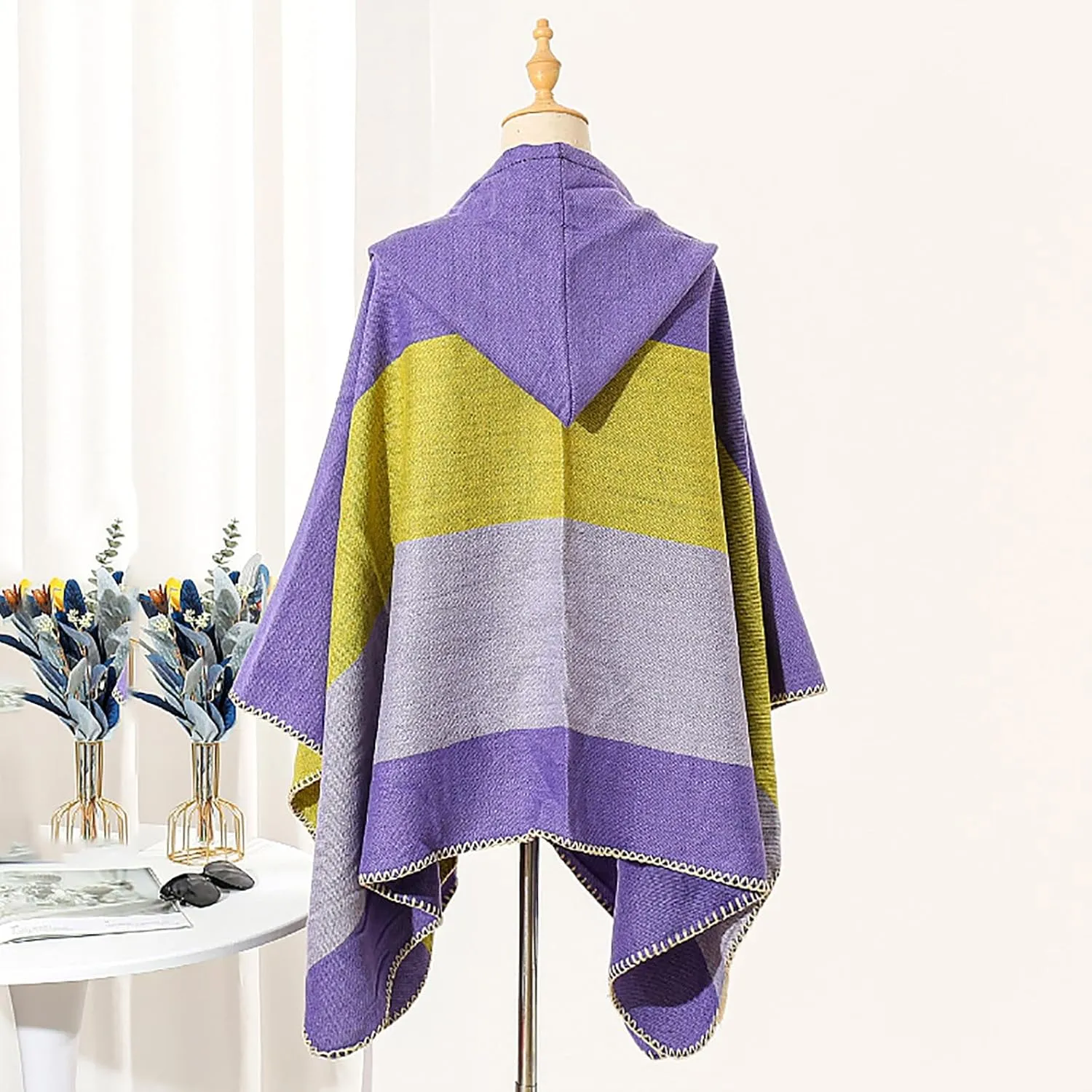 Oplxuo Women's Hooded Cloak Shawls Wraps Color Block Knit Scarf Shawl Soft Warm Poncho Cape Cardigan Sweater
