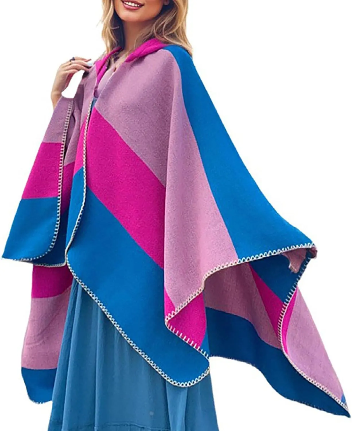 Oplxuo Women's Hooded Cloak Shawls Wraps Color Block Knit Scarf Shawl Soft Warm Poncho Cape Cardigan Sweater