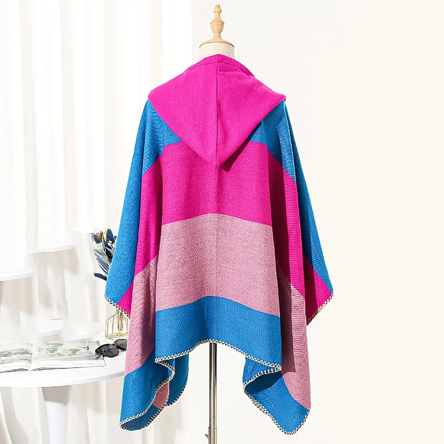 Oplxuo Women's Hooded Cloak Shawls Wraps Color Block Knit Scarf Shawl Soft Warm Poncho Cape Cardigan Sweater