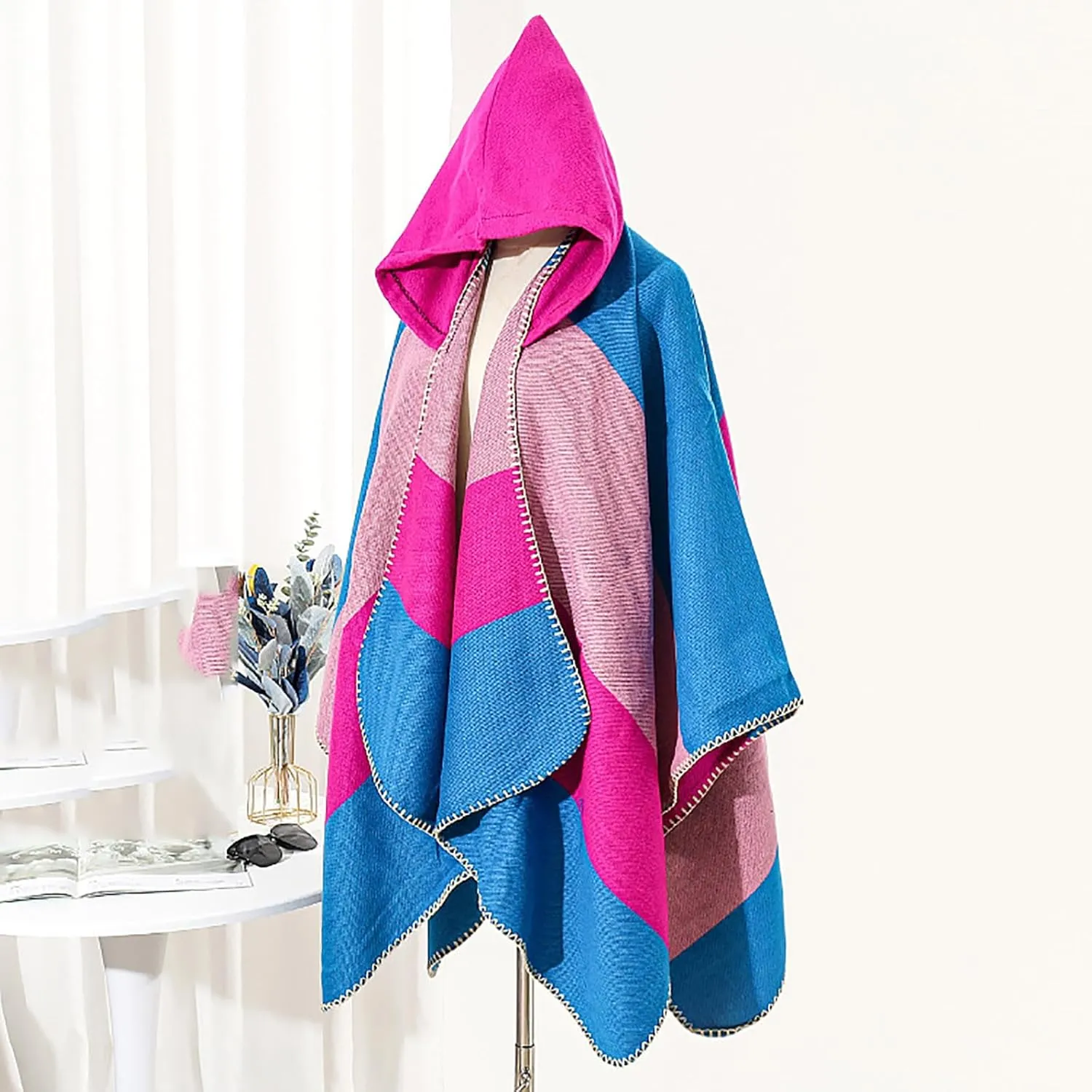 Oplxuo Women's Hooded Cloak Shawls Wraps Color Block Knit Scarf Shawl Soft Warm Poncho Cape Cardigan Sweater