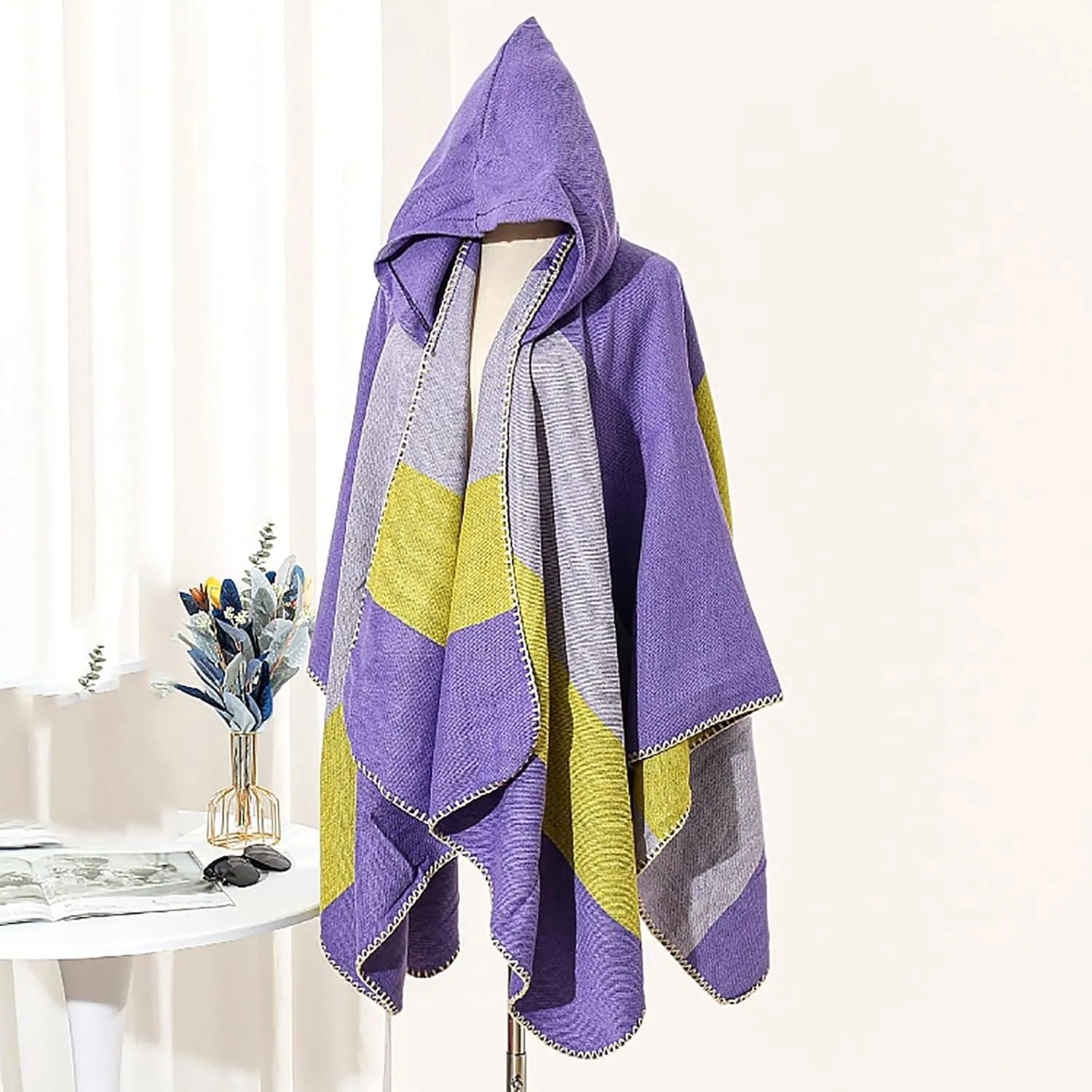 Oplxuo Women's Hooded Cloak Shawls Wraps Color Block Knit Scarf Shawl Soft Warm Poncho Cape Cardigan Sweater