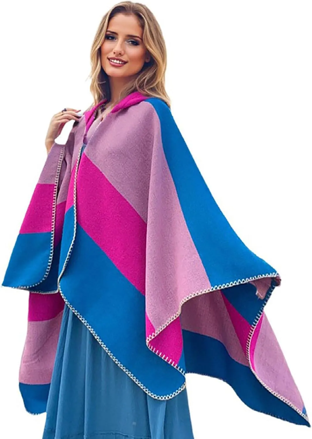 Oplxuo Women's Hooded Cloak Shawls Wraps Color Block Knit Scarf Shawl Soft Warm Poncho Cape Cardigan Sweater