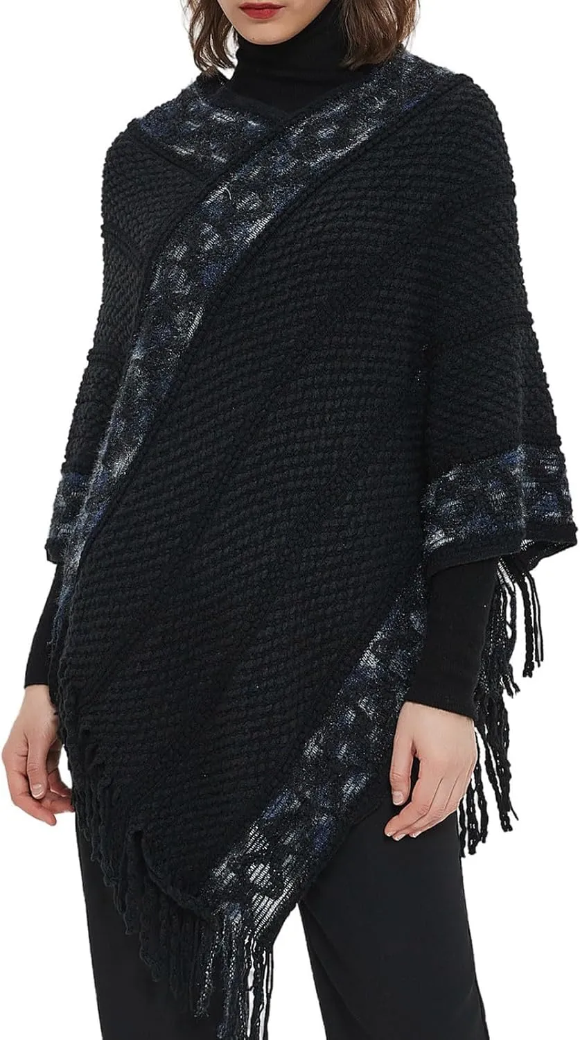 Oplxuo Women's Wrap V Neck Cape with Fringed Hem, Boho Casual Knitted Tassels Poncho Loose Pullover Sweater Coat