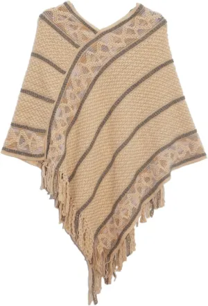 Oplxuo Women's Wrap V Neck Cape with Fringed Hem, Boho Casual Knitted Tassels Poncho Loose Pullover Sweater Coat