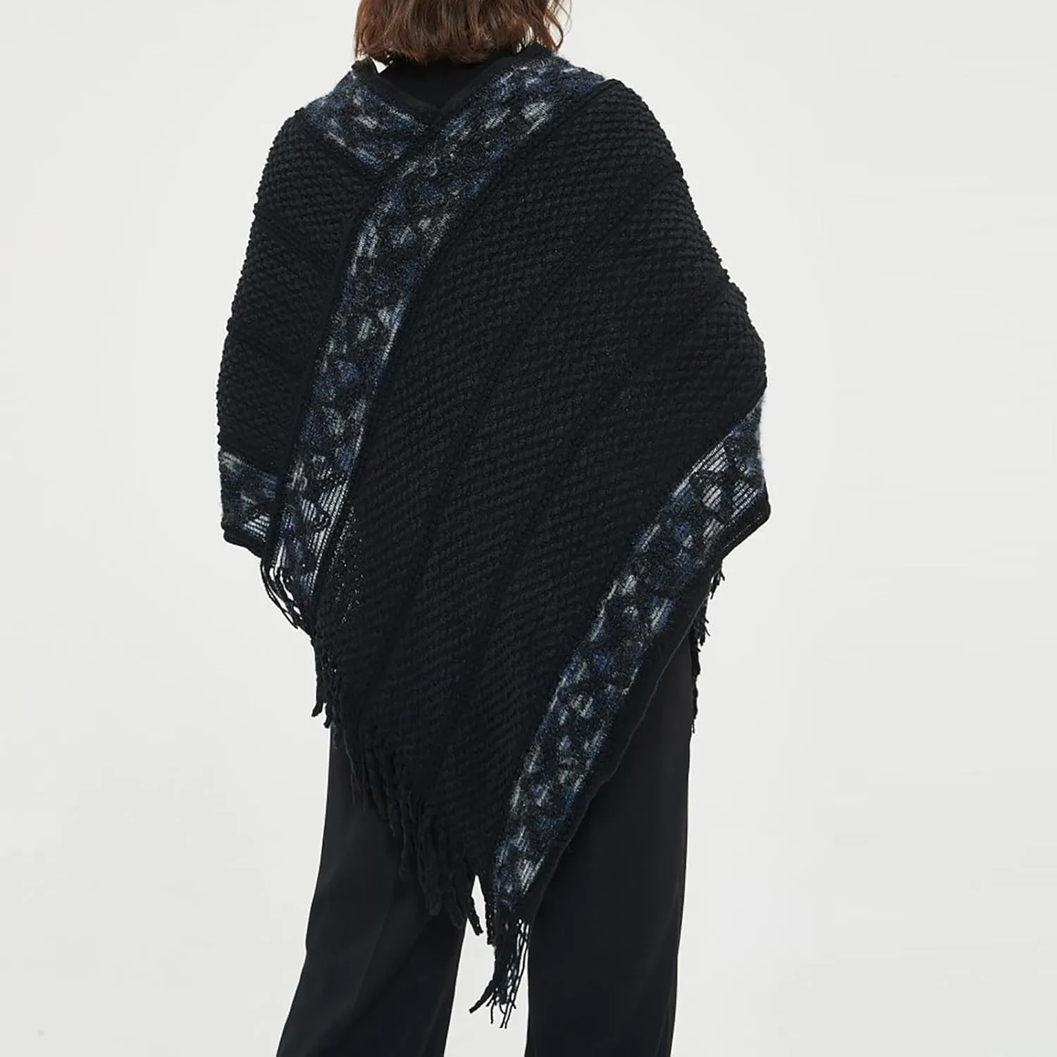 Oplxuo Women's Wrap V Neck Cape with Fringed Hem, Boho Casual Knitted Tassels Poncho Loose Pullover Sweater Coat