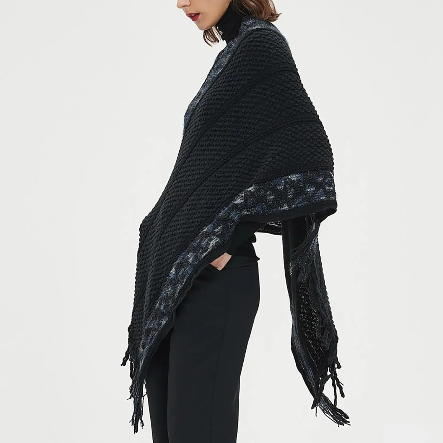Oplxuo Women's Wrap V Neck Cape with Fringed Hem, Boho Casual Knitted Tassels Poncho Loose Pullover Sweater Coat