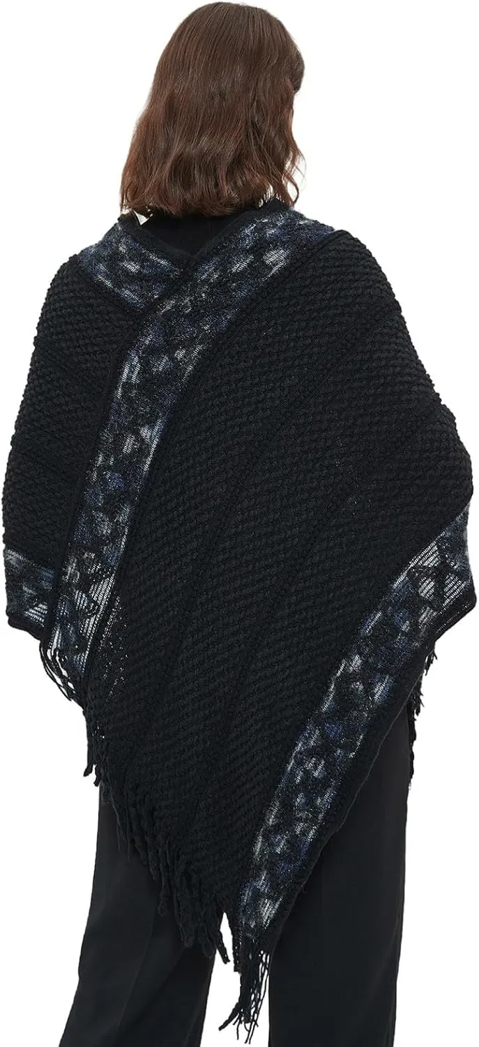 Oplxuo Women's Wrap V Neck Cape with Fringed Hem, Boho Casual Knitted Tassels Poncho Loose Pullover Sweater Coat