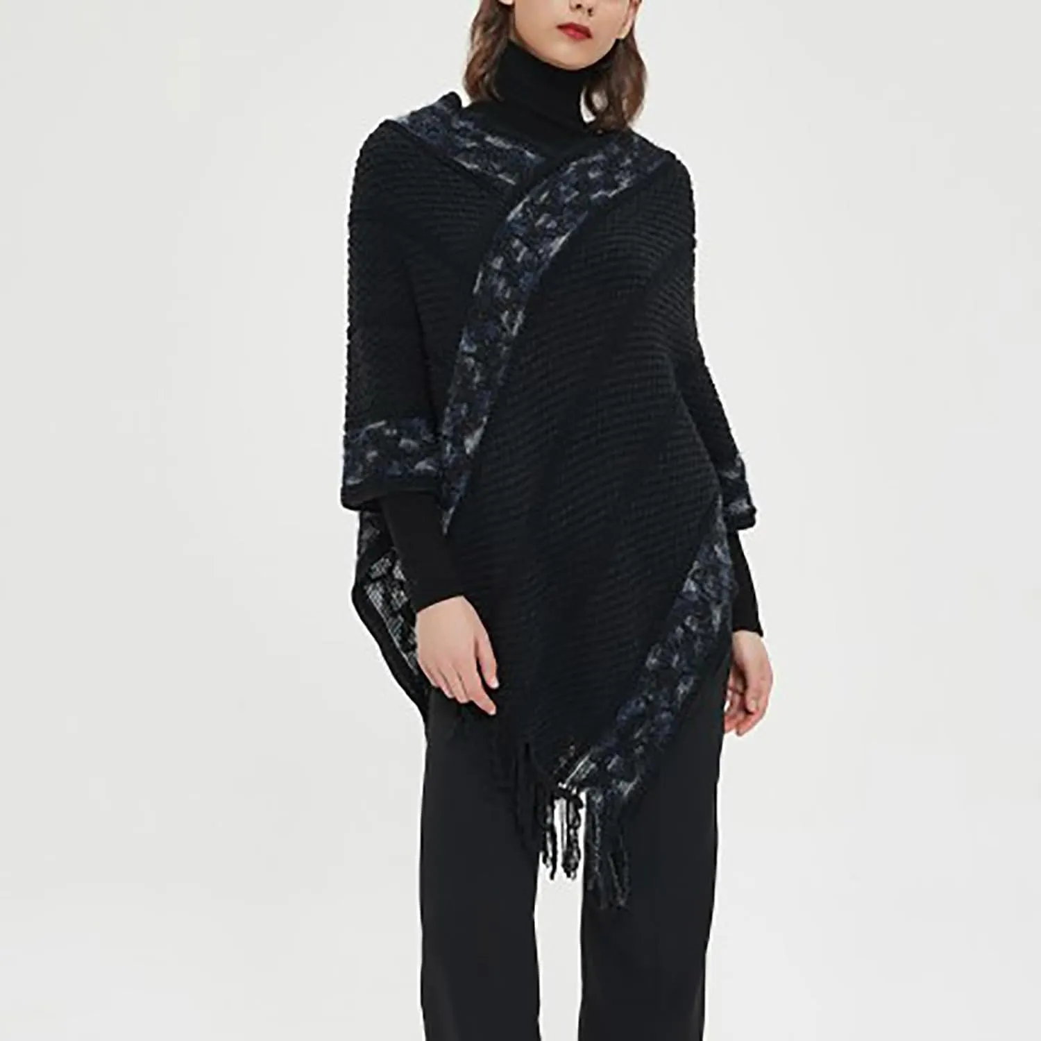 Oplxuo Women's Wrap V Neck Cape with Fringed Hem, Boho Casual Knitted Tassels Poncho Loose Pullover Sweater Coat
