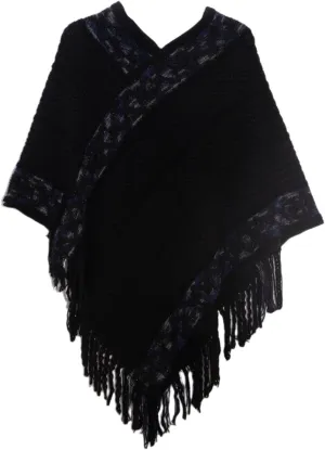Oplxuo Women's Wrap V Neck Cape with Fringed Hem, Boho Casual Knitted Tassels Poncho Loose Pullover Sweater Coat