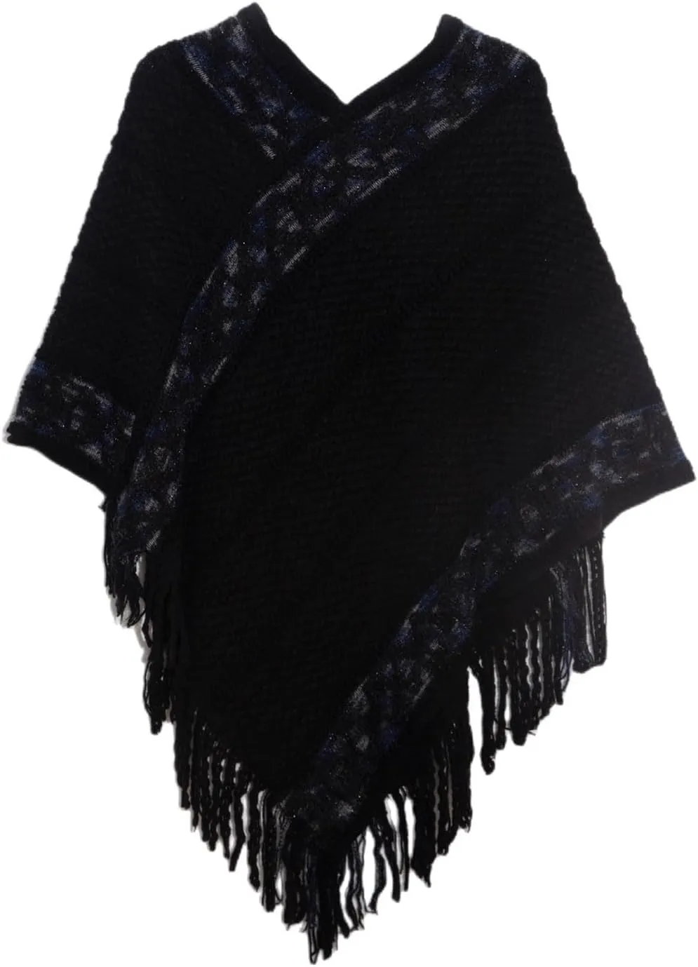 Oplxuo Women's Wrap V Neck Cape with Fringed Hem, Boho Casual Knitted Tassels Poncho Loose Pullover Sweater Coat