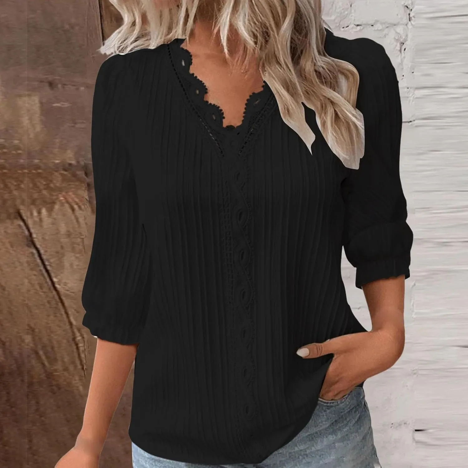 Oversized Tshirts for Women 3/4 Sleeve Lace Vneck Plus Size Loose Tops Dressy Casual Plain Elegant Shirt Solid Blouse