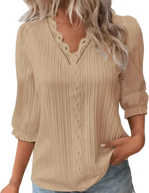 Oversized Tshirts for Women 3/4 Sleeve Lace Vneck Plus Size Loose Tops Dressy Casual Plain Elegant Shirt Solid Blouse