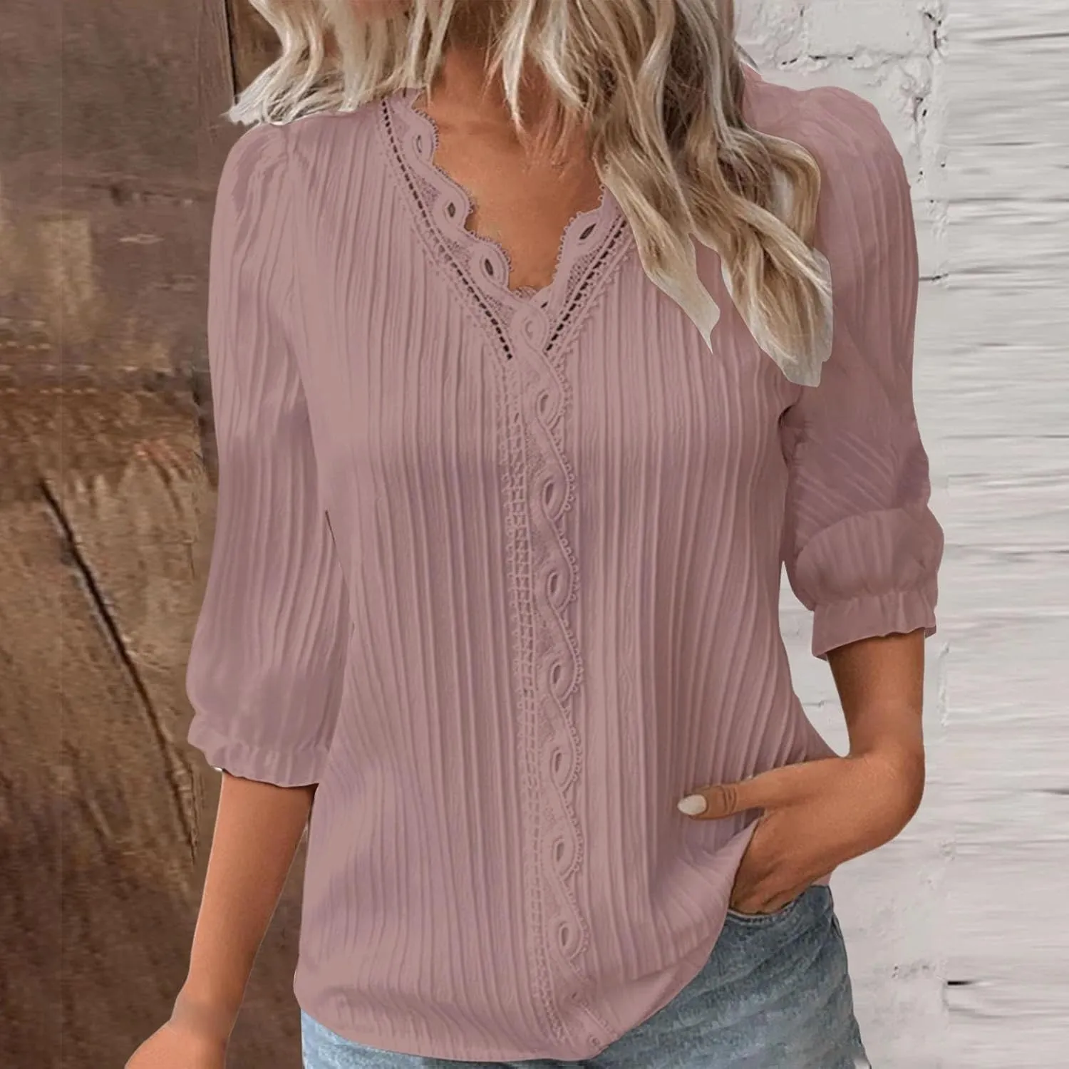 Oversized Tshirts for Women 3/4 Sleeve Lace Vneck Plus Size Loose Tops Dressy Casual Plain Elegant Shirt Solid Blouse