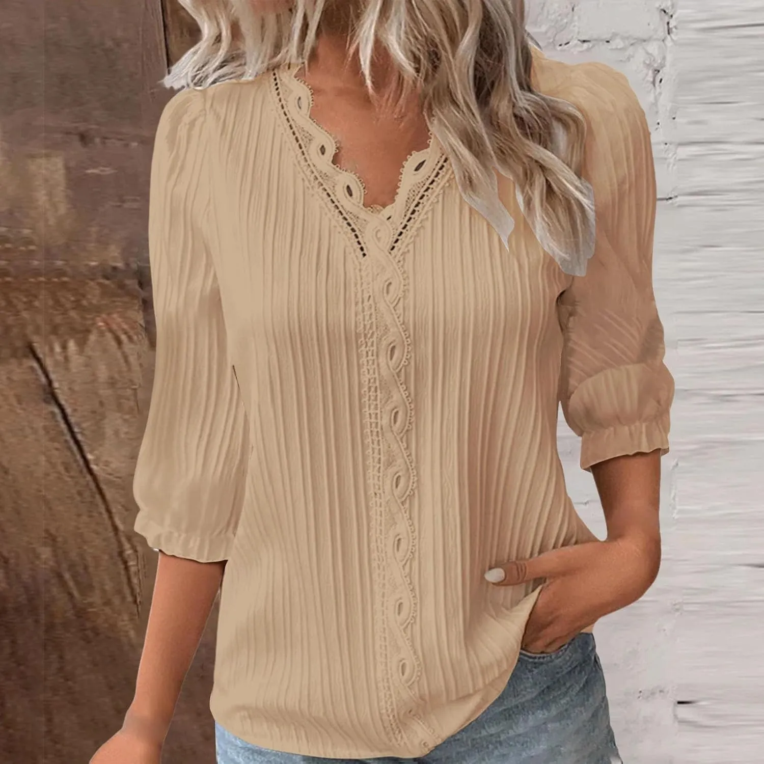 Oversized Tshirts for Women 3/4 Sleeve Lace Vneck Plus Size Loose Tops Dressy Casual Plain Elegant Shirt Solid Blouse