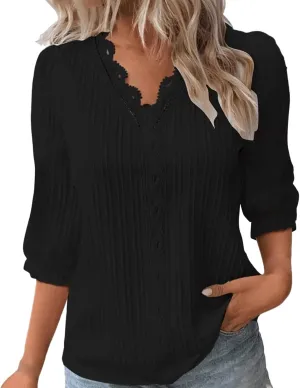 Oversized Tshirts for Women 3/4 Sleeve Lace Vneck Plus Size Loose Tops Dressy Casual Plain Elegant Shirt Solid Blouse