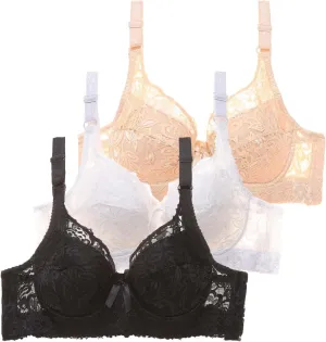 Pack of 3 Minimizer Bra Sets for Women - Plus Size Lace Bra Womans Full Coverage Bras Unlined Underwire Bra for Heavy Breast