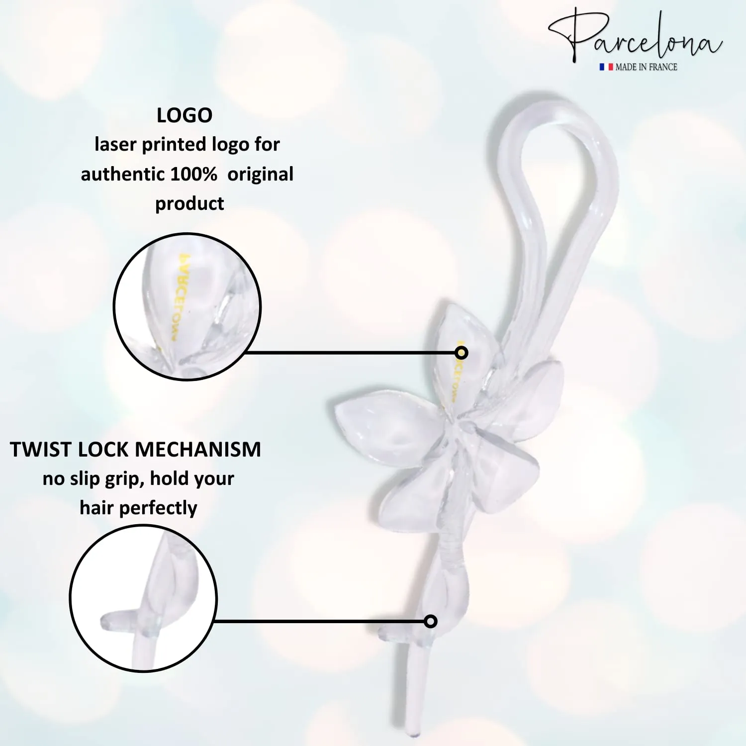 Parcelona French Twist n Clip Flower, Bow and Chain 4" Celluloid Metal Free Hair Barrette Clips Non Slip Women Hair Accessories Hair Clip for Girls, Made in France(Crystal Clear)