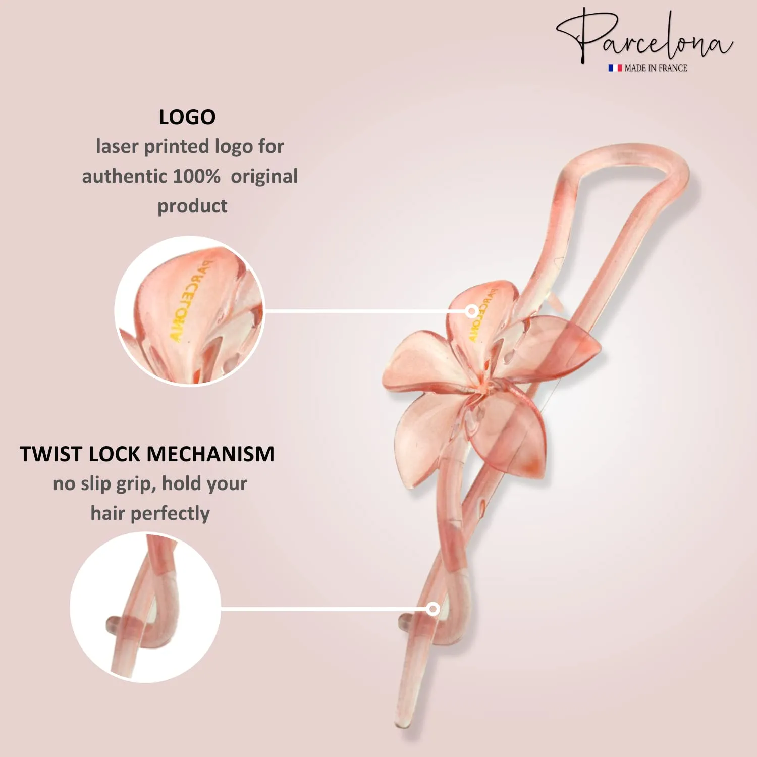Parcelona French Twist n Clip Flower, Bow and Chain 4" Celluloid Metal Free Hair Barrette Non Slip Fashion Durable Styling Women Hair Accessories Hair Clip for Girls, Made in France (Clear Pink Green)