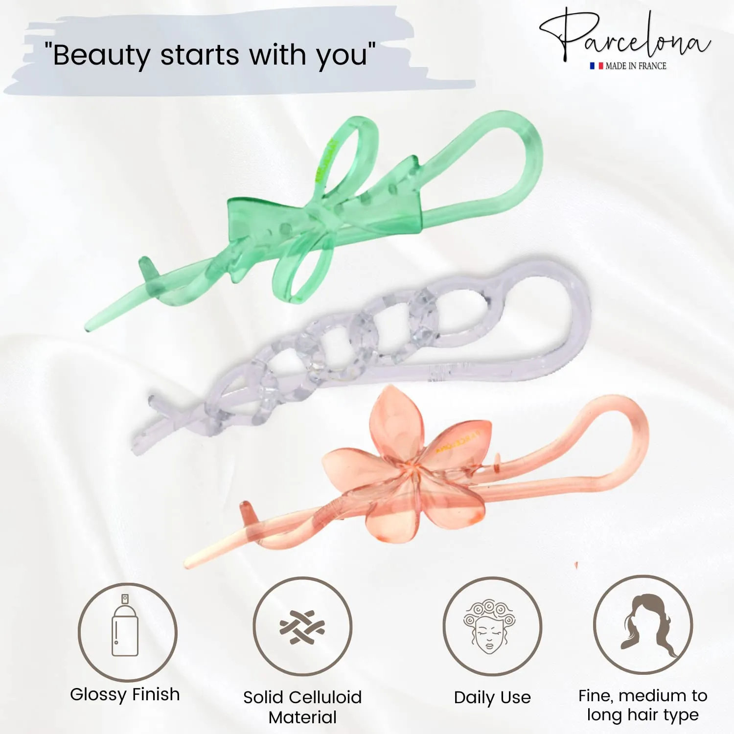 Parcelona French Twist n Clip Flower, Bow and Chain 4" Celluloid Metal Free Hair Barrette Non Slip Fashion Durable Styling Women Hair Accessories Hair Clip for Girls, Made in France (Clear Pink Green)