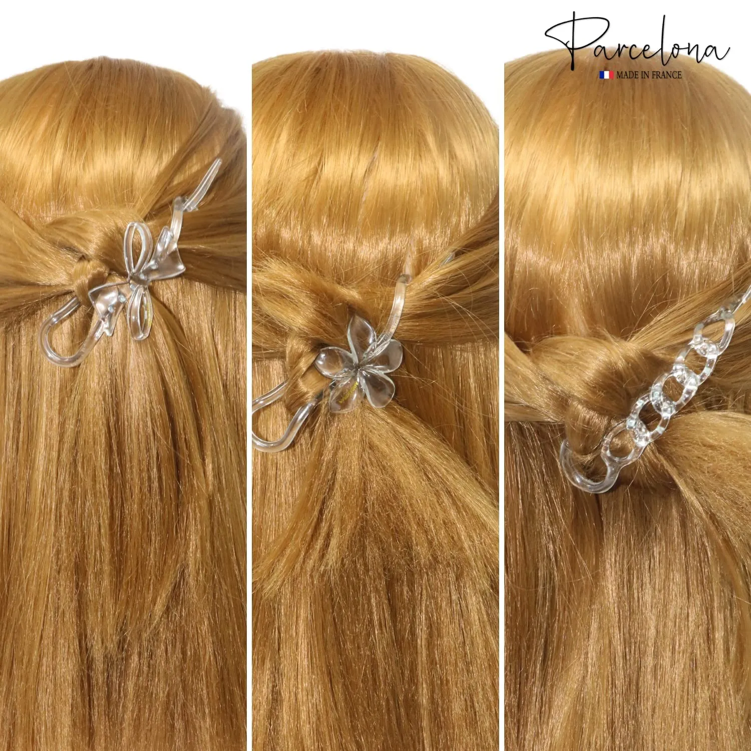 Parcelona French Twist n Clip Flower, Bow and Chain 4" Celluloid Metal Free Hair Barrette Non Slip Fashion Durable Styling Women Hair Accessories Hair Clip for Girls, Made in France (Clear Pink Green)