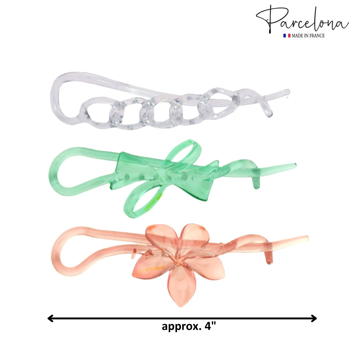 Parcelona French Twist n Clip Flower, Bow and Chain 4" Celluloid Metal Free Hair Barrette Non Slip Fashion Durable Styling Women Hair Accessories Hair Clip for Girls, Made in France (Clear Pink Green)